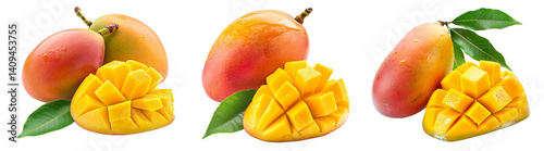 Freshly cut and a whole of mango with leaves isolated on transparent background