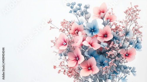 Vintage watercolor bouquet of pink and blue flowers, evoking timeless elegance and delicate charm