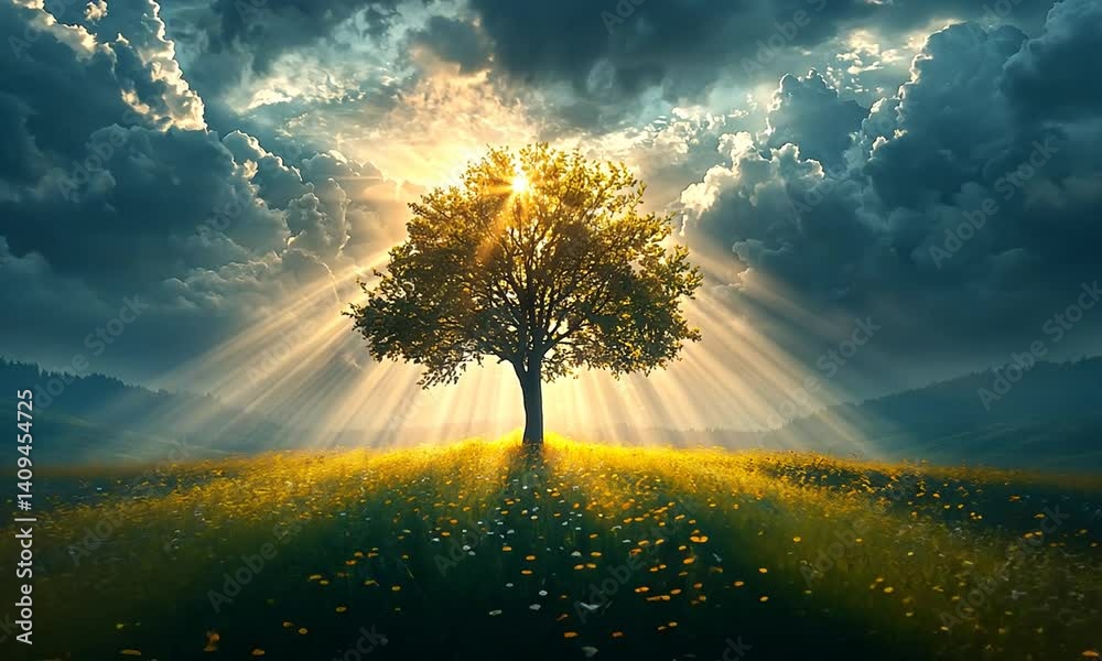 Radiant tree amidst a field of flowers under a dramatic sky.