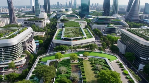 Aerial view of sustainable city with green rooftops on modern buildings, showcasing eco-friendly urban planning and climate adaptation for future environmental solutions. Climate change mitigation.