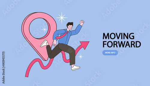 Businessman on location pin on business roadmap. workflow towards success. planning steps or business progress. project milestone or business journey achievement. Navigation Positioning Landing Page.