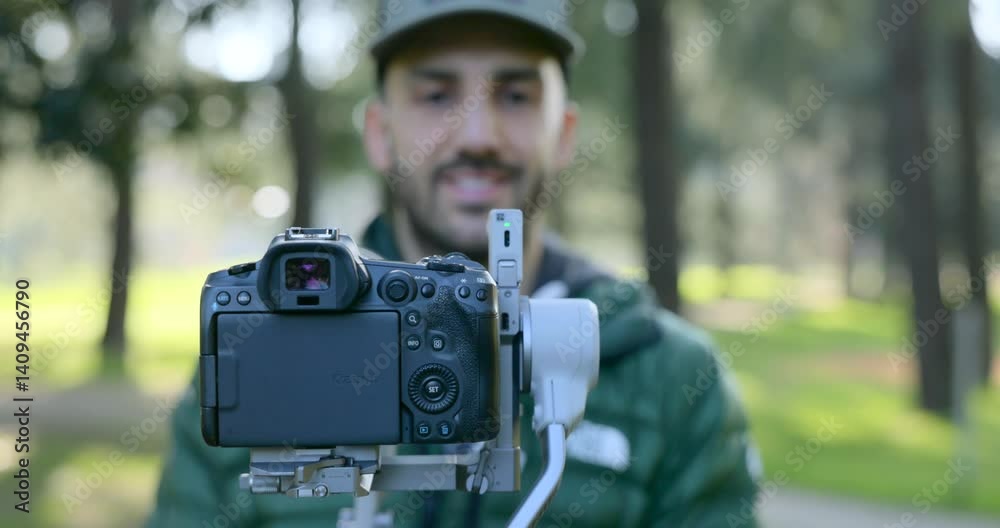 Camera on gimbal rotates to track face of vlogger in outdoor park Camera on gimbal rotates to track face of vlogger in outdoor park
