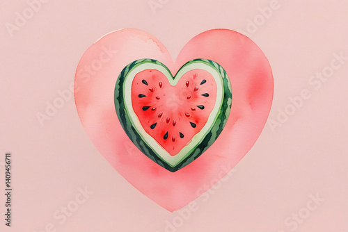 Romantic watercolor heart watermelon with soft pink background, minimal fruity art for Valentine’s Day cards, wedding stationery, summer love notes, or creative print and web designs