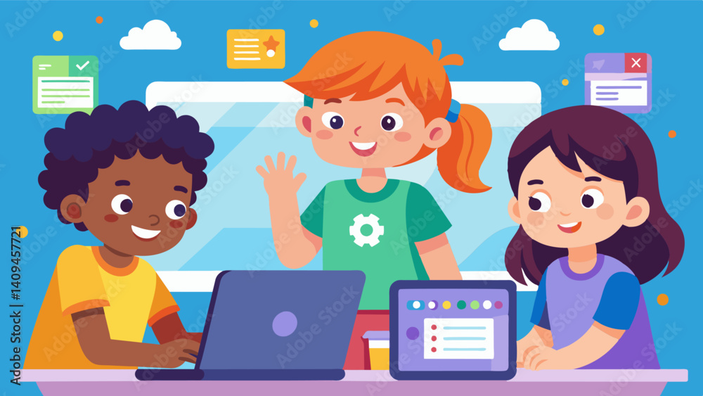 A group of children excitedly sharing coding tips and tricks as they work together on a project using educational software.. Vector illustration
