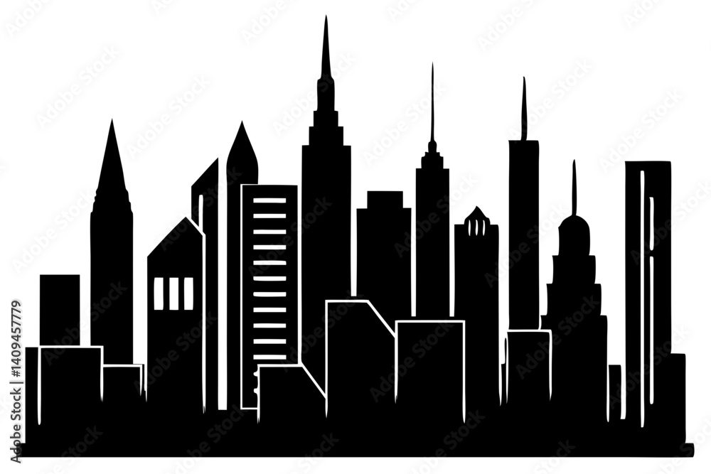 Obraz premium Black And White Cityscape Silhouette Illustration Featuring A Modern Skyline Design Of Urban Buildings, city skyline, cityscape, silhouette, architecture, buildings, urban, metropolis, modern, skyline
