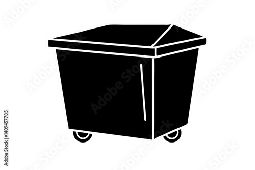 Black And White Graphic Silhouette Of A Wheeled Trash Dumpster For Waste Removal And Environmental Awareness, trash, dumpster, waste, garbage, black, white, vector, isolated, refuse, container, bin