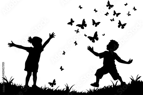 Children Playing With Butterflies Silhouette Illustration Featuring Girl And Boy Enjoying Nature On White Background Happy Kids And Insects, children, playing, butterflies, silhouette, illustration