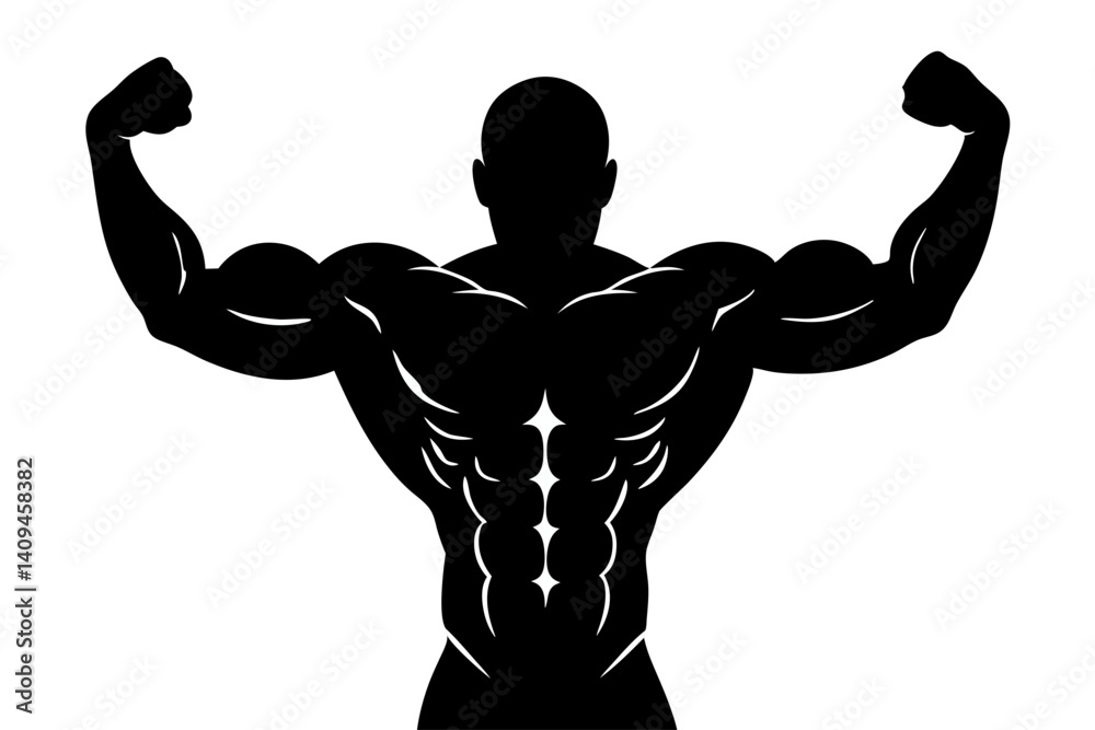 Fototapeta premium Vector Illustration Of A Muscular Bodybuilder Posing With Arms Flexed Showing Off Abs And Biceps In Silhouette, bodybuilder, muscle, muscular, strong, power, fitness, bodybuilding, athlete, biceps