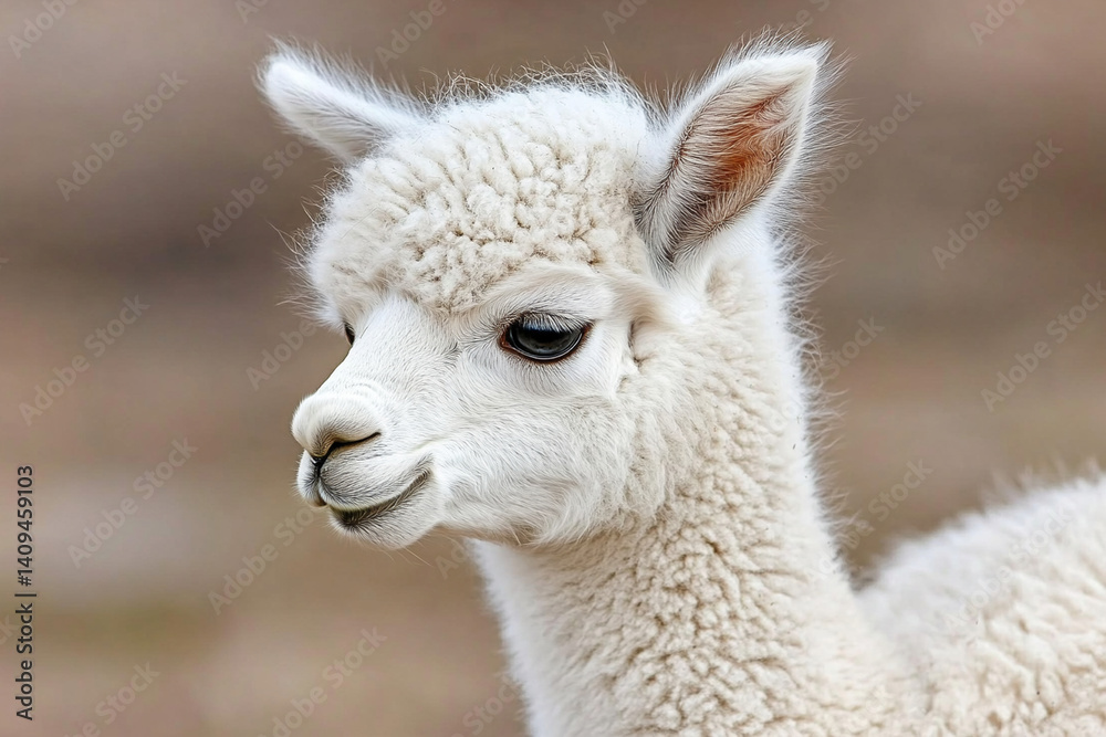 Obraz premium Baby alpaca shyly gazes around while standing in a soft, natural setting during daylight hours