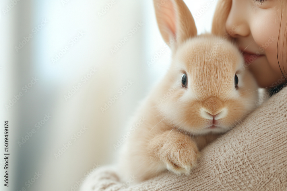 Obraz premium Child gently holds a fluffy baby rabbit in a cozy indoor setting with warm lighting