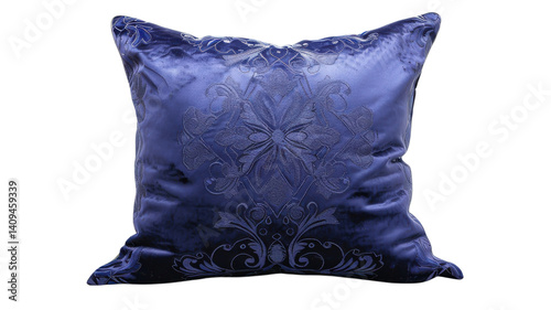 Luxurious Blue Velvet Pillow with Exquisite Embroidered Details Isolated on White Background