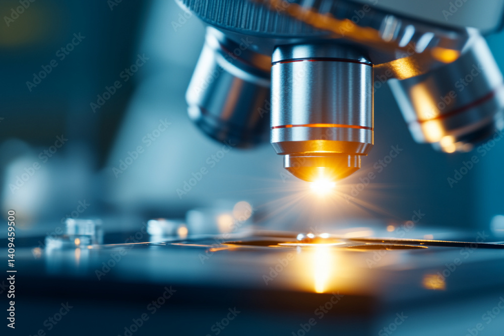 Close-up view of a microscope on a lab table showcasing intricate optical details and illumination Close-up view of a microscope on a lab table showcasing intricate optical details and illumination