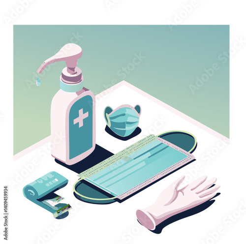 Isometric Hygiene Kit with Face Mask, Gloves, Tissues, and Hand Sanitizer on Wooden Tray

