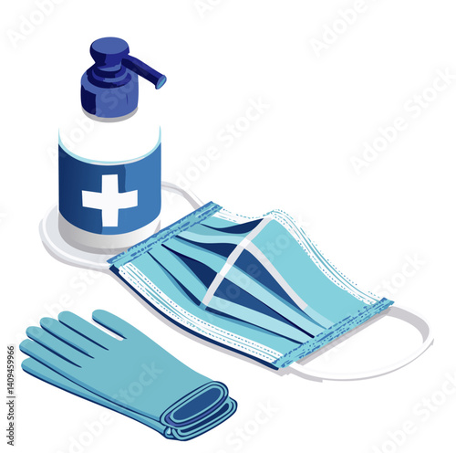 Isometric Hygiene Kit with Face Mask, Gloves, Tissues, and Hand Sanitizer on Wooden Tray

