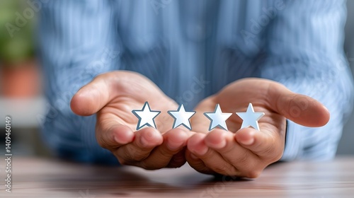 Hands holding five star rating symbols