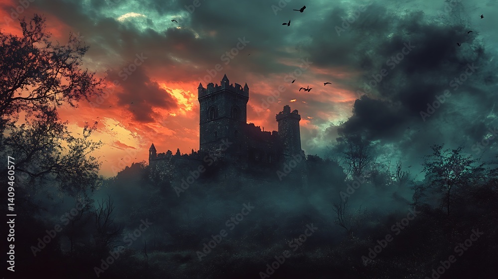 Obraz premium Silhouette Castle Against Dramatic Sunset with Orange And Dark Blue Sky