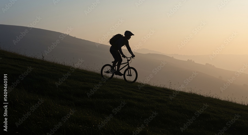 Fototapeta premium Silhouette of mountain biker enjoying a sunrise ride