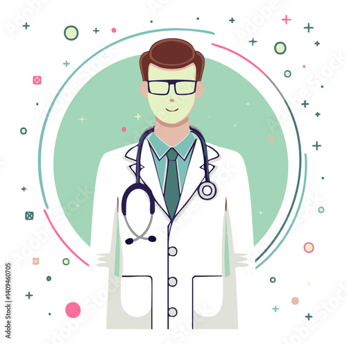 Minimalist Illustration of Male Doctor in White Coat with Stethoscope on Light Background

