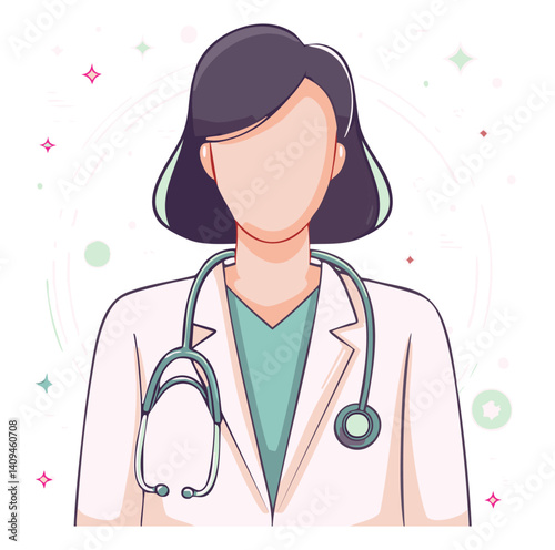 Minimalist Illustration of Female Doctor in White Coat with Stethoscope on Light Background

