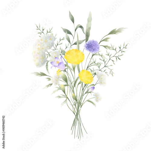 Bouquet of watercolor wildflowers dandelion, bellflower, yarrow and meadow grasses. Hand drawn isolated illustration of white, yellow and lilac flowers, wild greenery for postcards and stickers