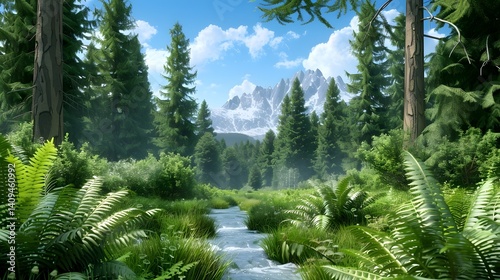 Serene forest stream flowing through lush greenery and towering mountains