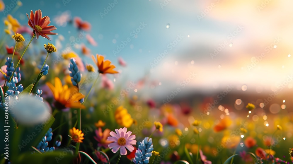 Colorful flowers in a lush field on a sunny day