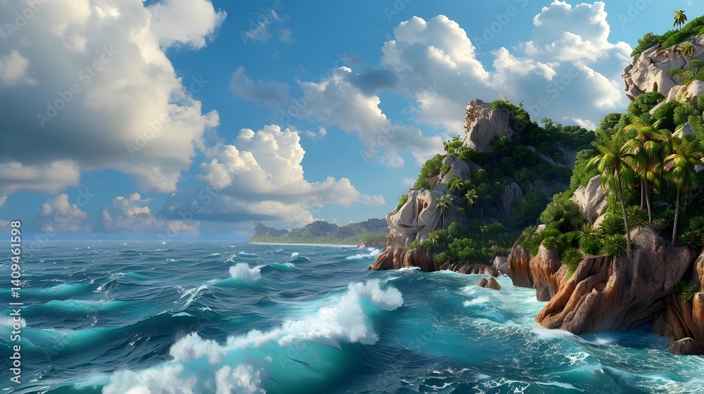 Breathtaking tropical seascape with crashing waves and palm fringed cliffs