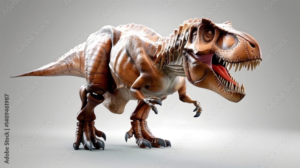 A ferocious Tyrannosaurus Rex dinosaur stands in a studio setting