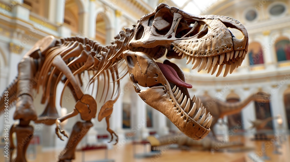 Impressive dinosaur fossil skeleton on display in a grand museum