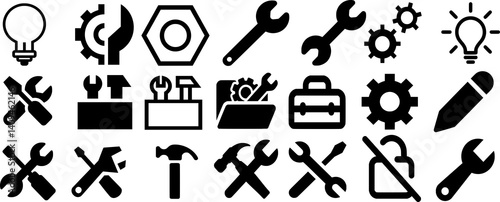 Tools and Service icons set. Wrench, screwdriver and gear icon. Screwdriver and wrench glyph icon. Settings and repair, service sign - stock.