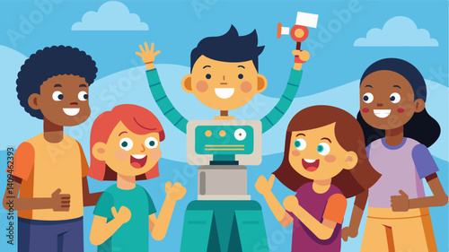 A group of kids beaming with pride as they show off their functioning fully assembled robot to the judges at the hackathons robotics cate.. Vector illustration