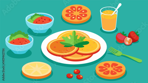 Colorful toppings ranging from sliced tomatoes and cilantro to shredded carrots and y sauces tempting customers to personalize their pancakes.. Vector illustration