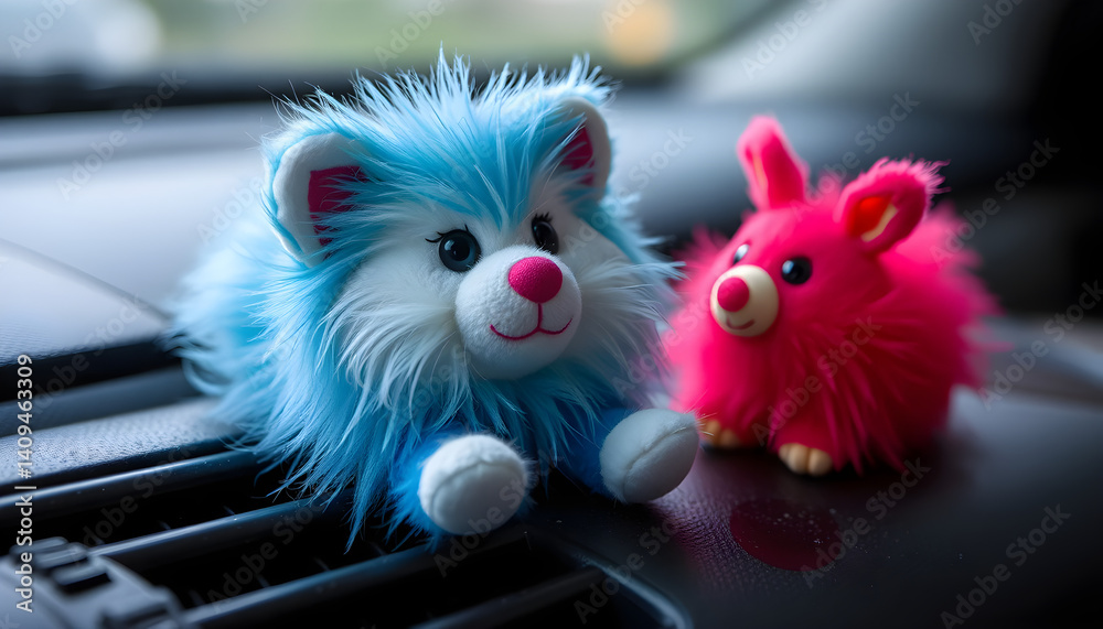 Colorful Plush Pair: Two vibrant and fluffy plush toys, one blue and one pink, are featured. This scene evokes feelings of playful charm and innocence, capturing a sense of fun and nostalgia.