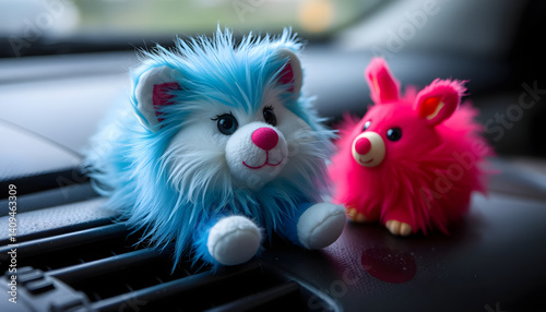 Obraz na płótnie Colorful Plush Pair: Two vibrant and fluffy plush toys, one blue and one pink, are featured. This scene evokes feelings of playful charm and innocence, capturing a sense of fun and nostalgia. w salonie