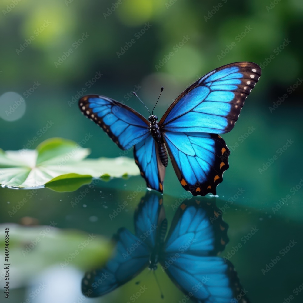 Fototapeta premium Blue morpho butterfly in flight over calm water , movement, insect