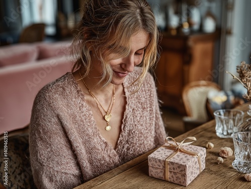 A mother receiving a personalized gift with excitement