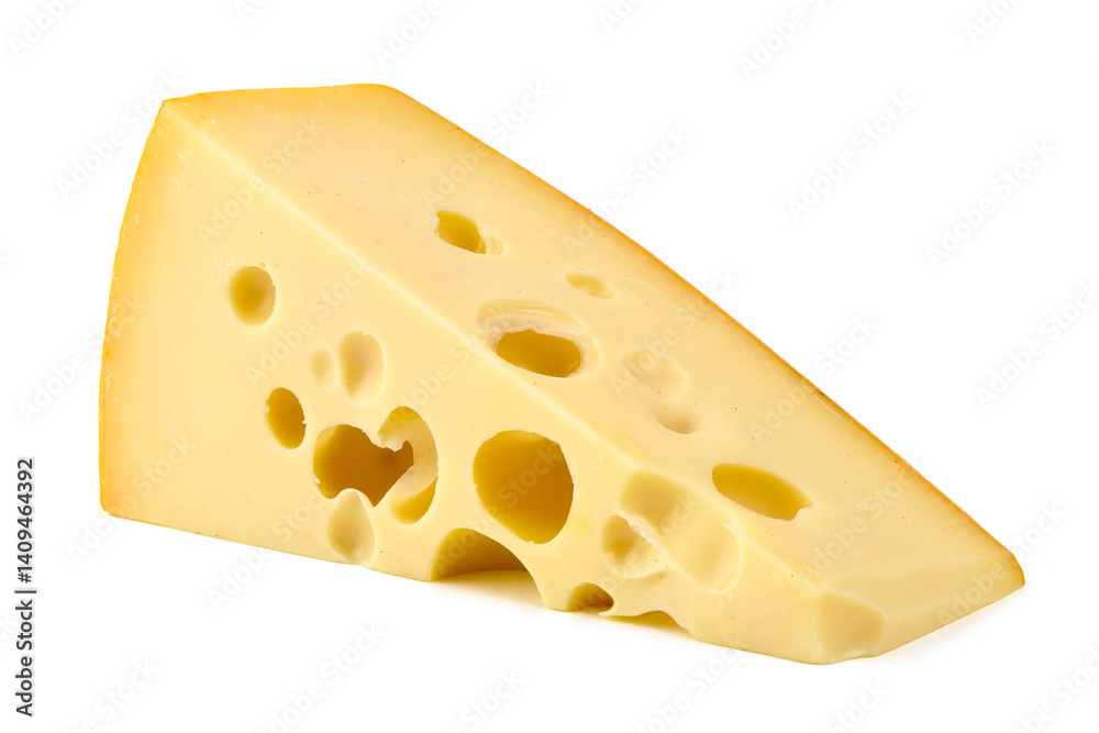 Slice of Swiss cheese with holes, isolated on white background. Slice of Swiss cheese with holes, isolated on white background.
