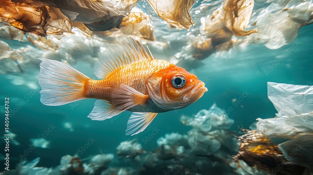 Naklejka premium Goldfish in a Plastic Sea