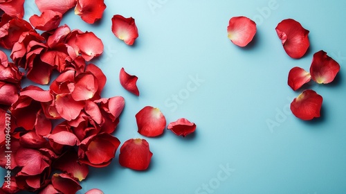 A blue background with red petals scattered across it