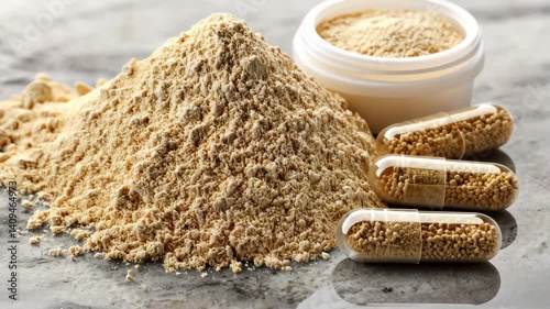 Collagen Type II and Joint Health Concepts, A high quality still life shot of hydrolyzed collagen powder and capsules on a marble surface