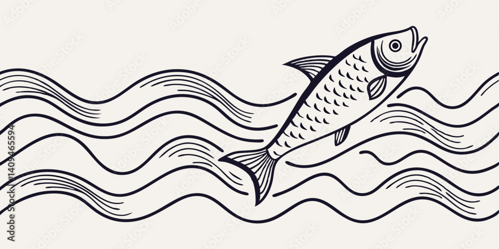 Fototapeta premium Elegant Line Art Illustration of a Fish Leaping Over Waves