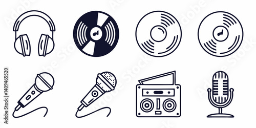 Music Recording Studio Equipment Icons Headphones, Microphones, Vinyl Records, and Boombox