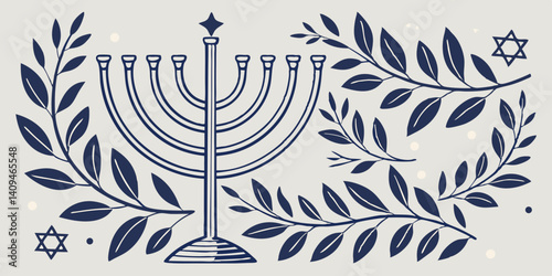 Elegant Menorah and Olive Branches A Hanukkah Celebration Illustration