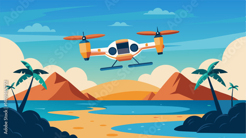 On a remote island an eVTOL lands gracefully on the beach its sensors activated to monitor the health of the surrounding coral reef.. Vector illustration