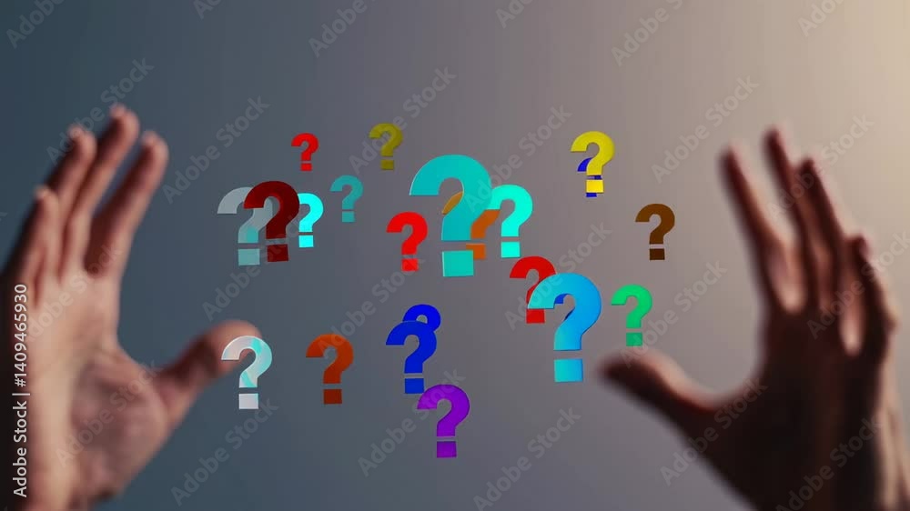Open hands frame a collection of colorful question marks floating against a gradient background, symbolizing uncertainty, decision making, and the search for answers