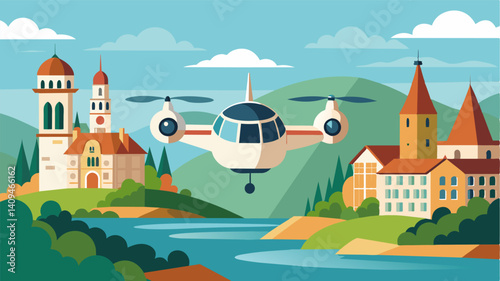With its rotors spinning an eVTOL flies over a riverside town filled with quaint cobblestone streets and centuriesold churches.. Vector illustration
