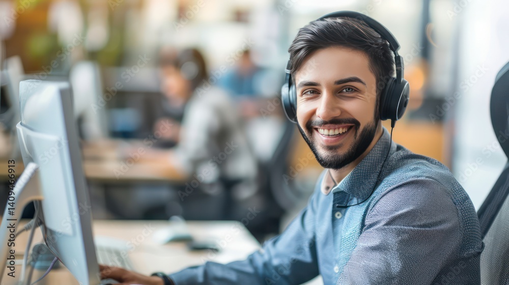 Fototapeta premium Happy call center agent with cheerful demeanor assisting client. Minimalist