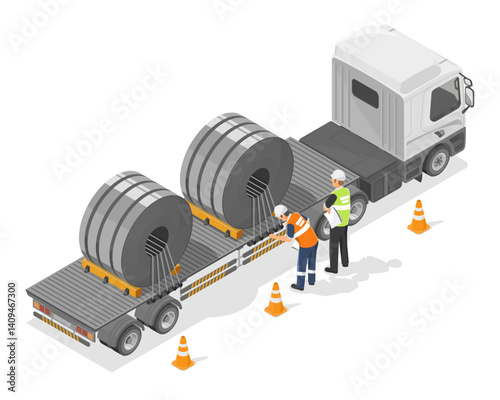 Logistics workers inspecting steel coil safety on flatbed trailer during industrial transportation process isometric cartoon