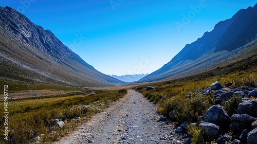 Mountain pass trail through a valley under a clear sky.