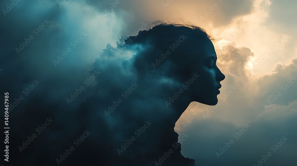 Silhouette Of A Woman In Profile Merged With Dark And Golden Clouds